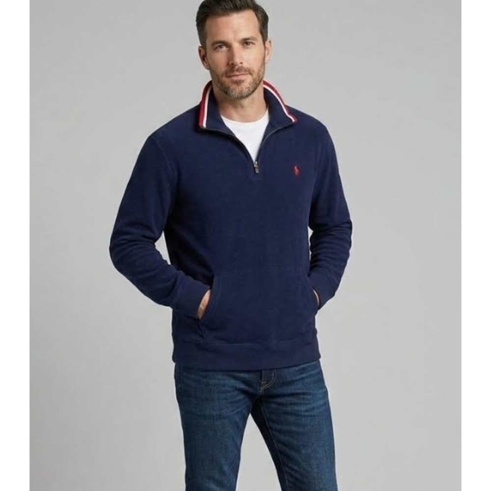 Polo Ralph Lauren Mens XL Quarter Zip Pullover Navy Blue Red Pony Logo Cotton
